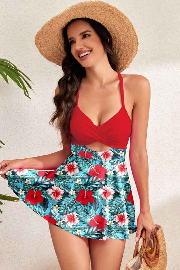 Sexy Patchwork Cut-Out Front Tankini Swimsuit 2pcs Set image 2