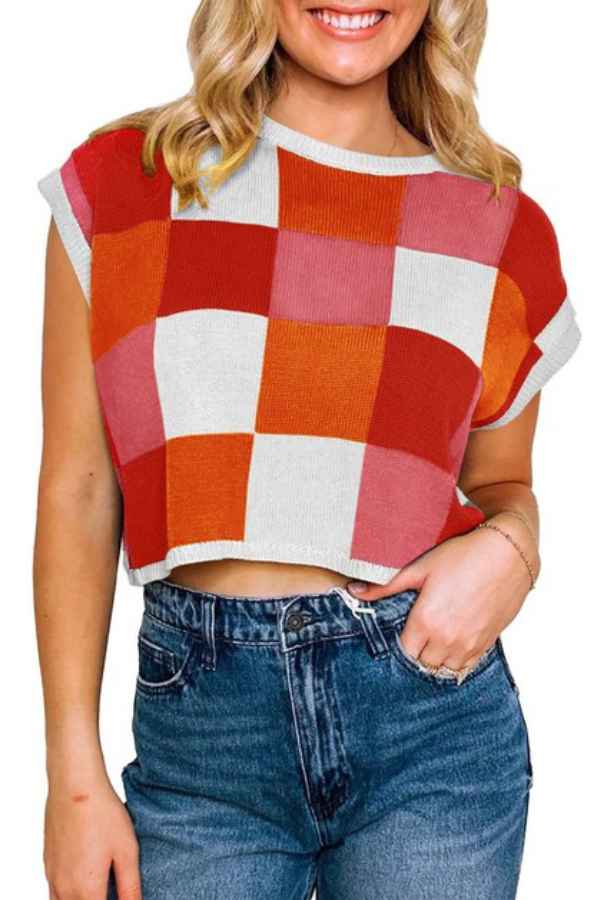 Multicolor Checkered Loose Fit Knitted Fashion Tee Top image 0