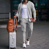 Casual Solid Baseball Collar Tracksuit - S, Light Grey image