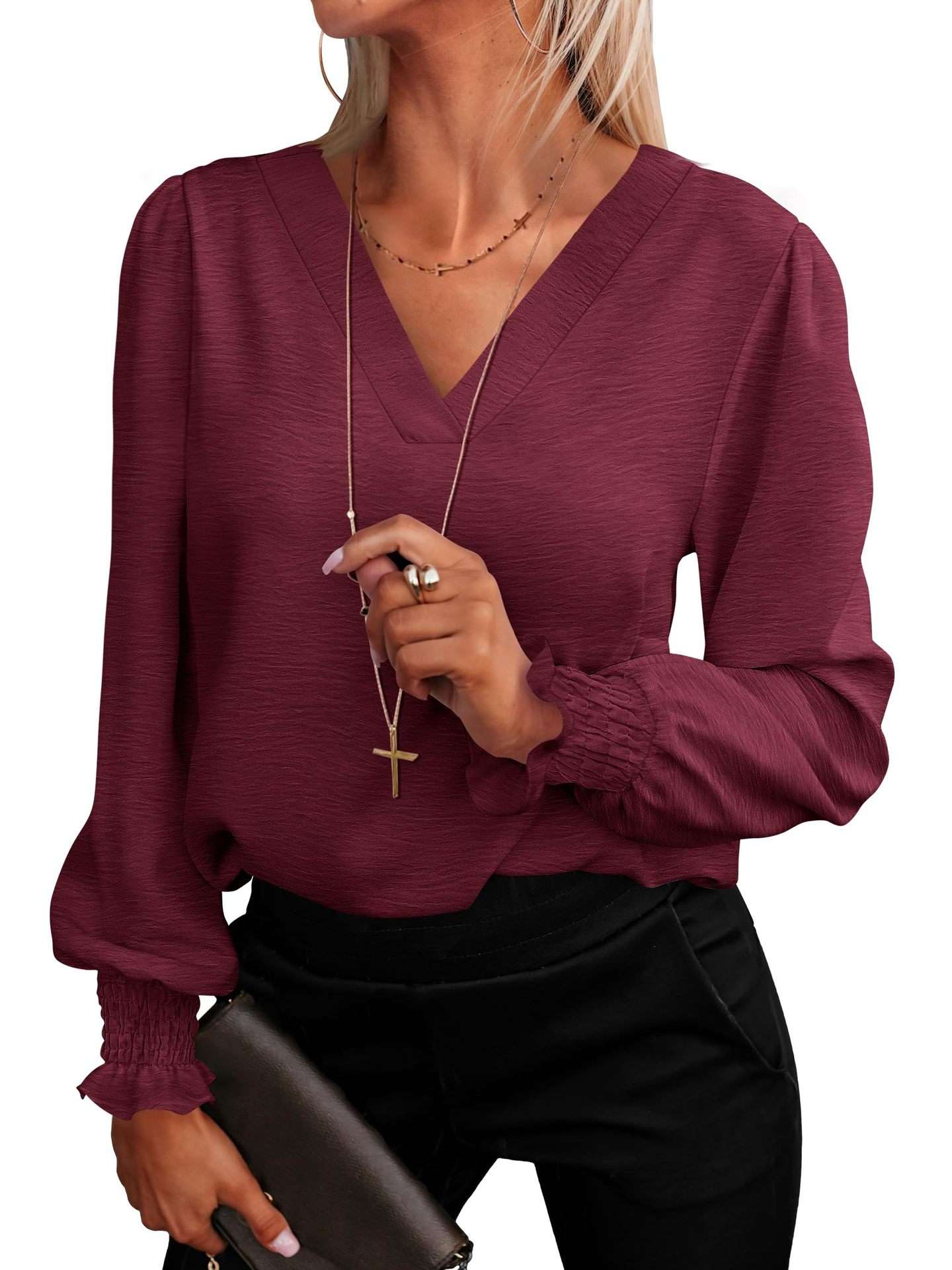 V-Neck Long Sleeve Blouse with Textured Fabric - L, Maroon image