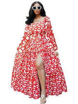 Spring elegant slit printed u-neck dress - L, Multi Red image