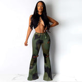 Camoflauge Print Flared Pantts - L, Army Green image