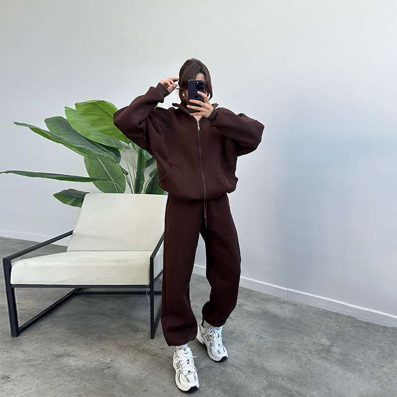 Hooded Loose Fit Sweatshirt & Joggers - S, Bronze Brown image