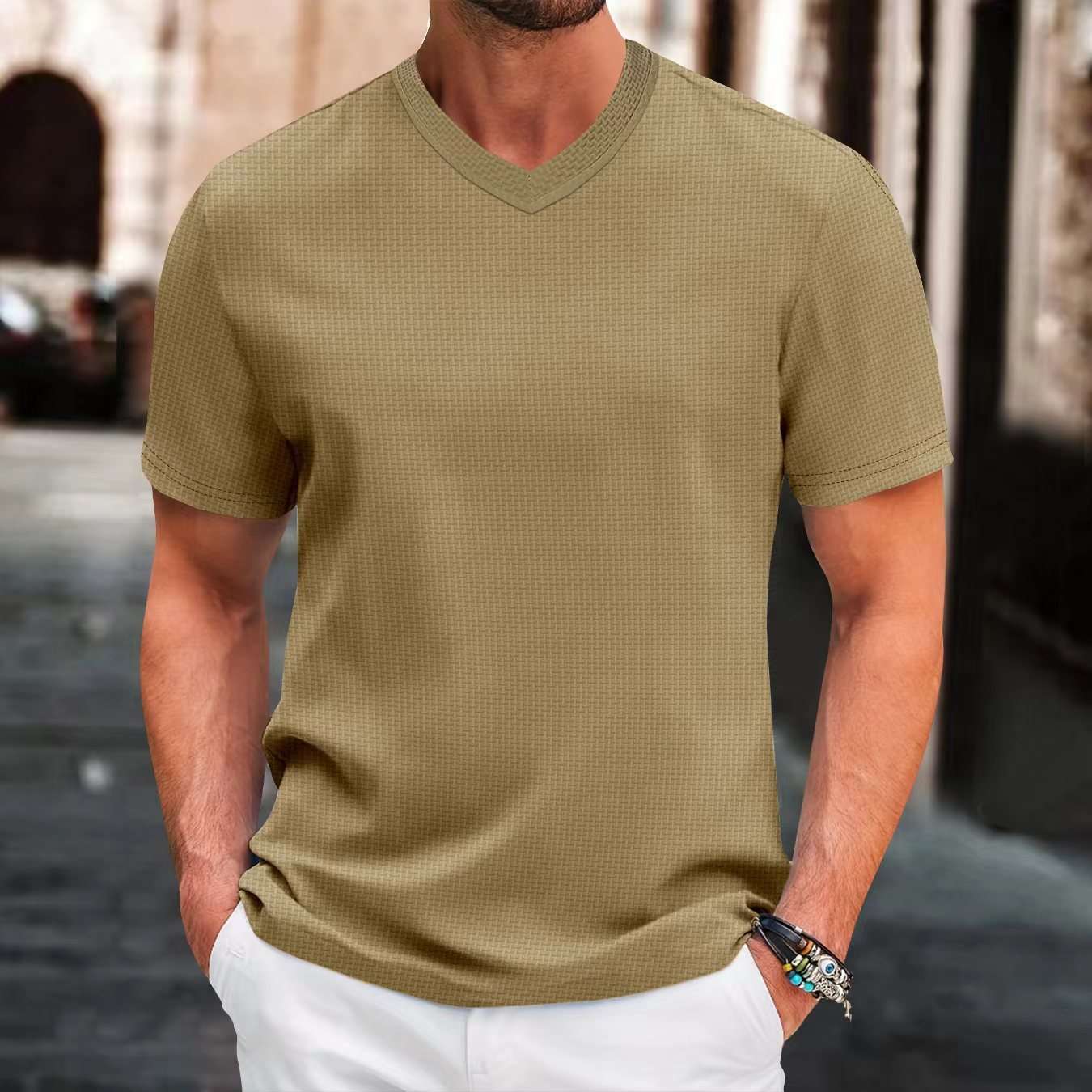 V-Neck Short-Sleeve T-Shirt - S, Beige image