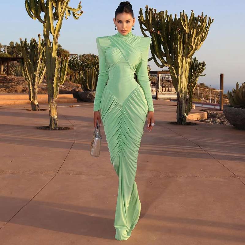 Elegant Ruched Maxi Dress - L, Green image