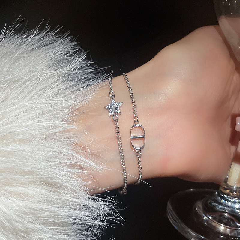 Double Chain Star & Crystal Charm Bracelet - Free Size, Silver image