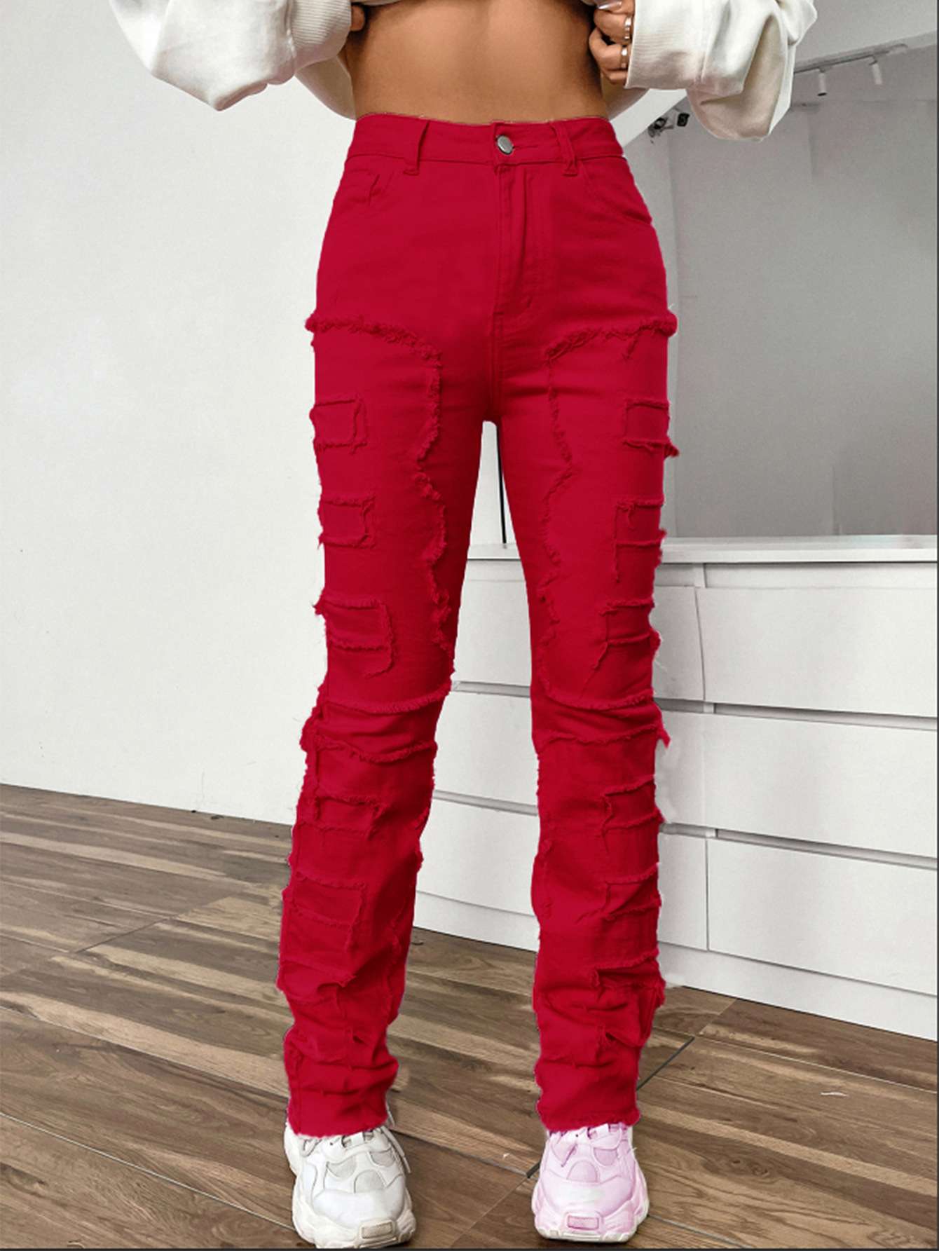 Fashionable High Waist Embroidered  Pants - M, Red image