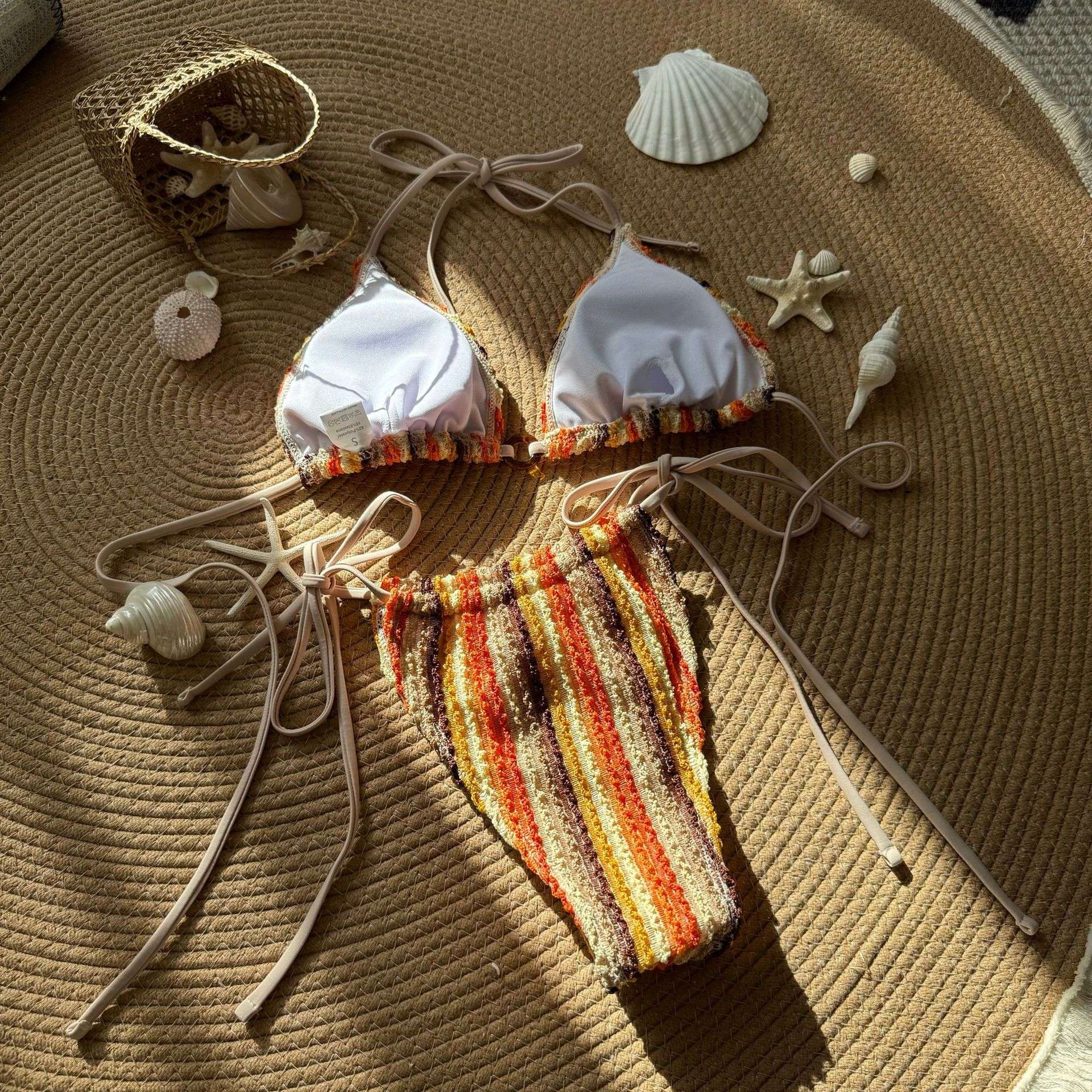 Striped Crochet Bikini Set - M, Multi Orange image