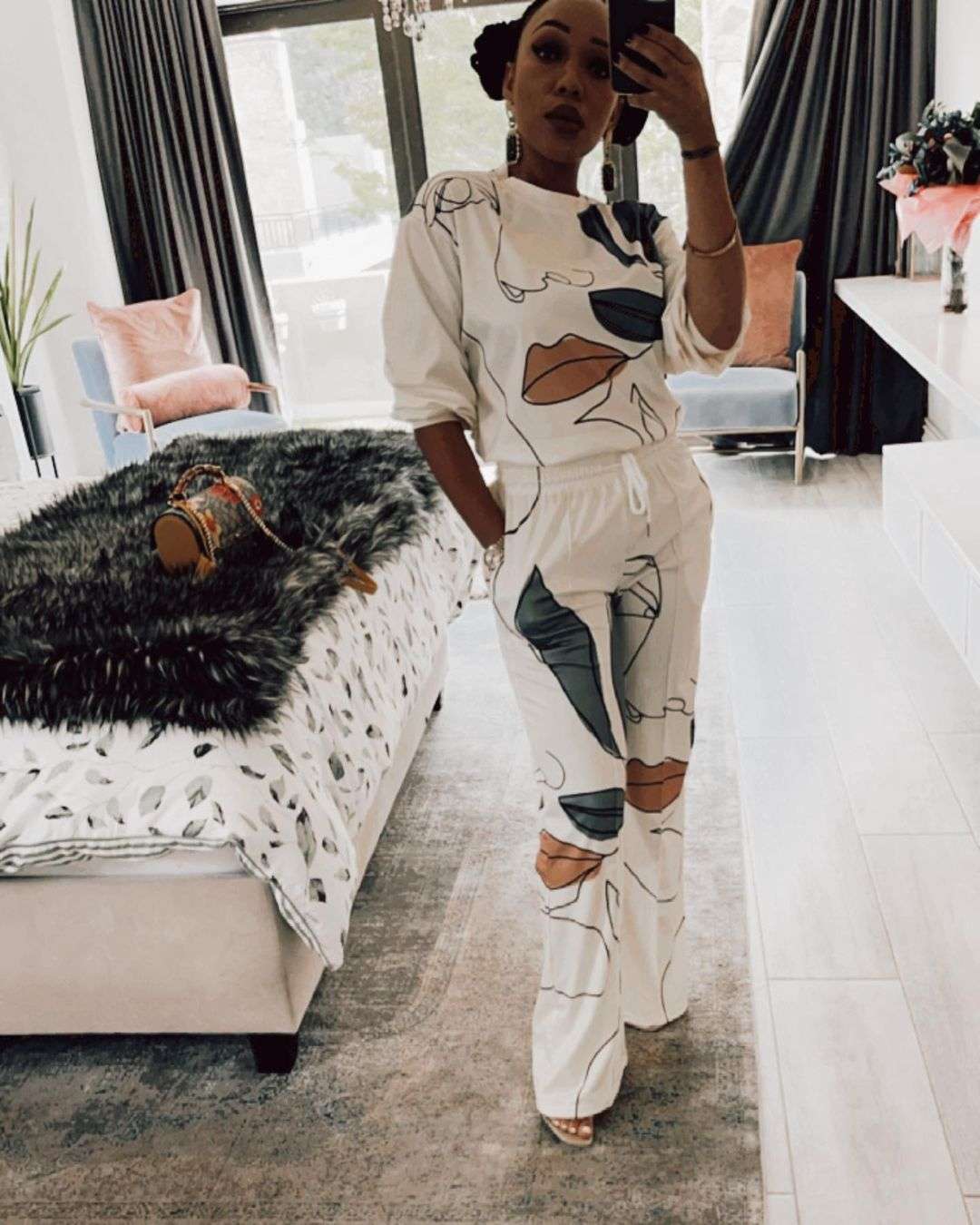 Casual Print Drop Shoulder Loose Sweatshirt  Sweatpants Set image 1