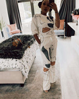 Casual Print Drop Shoulder Loose Sweatshirt  Sweatpants Set image 1