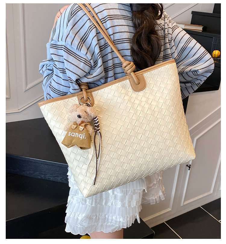 Woven Tote Bag with Teddy Bear Charm