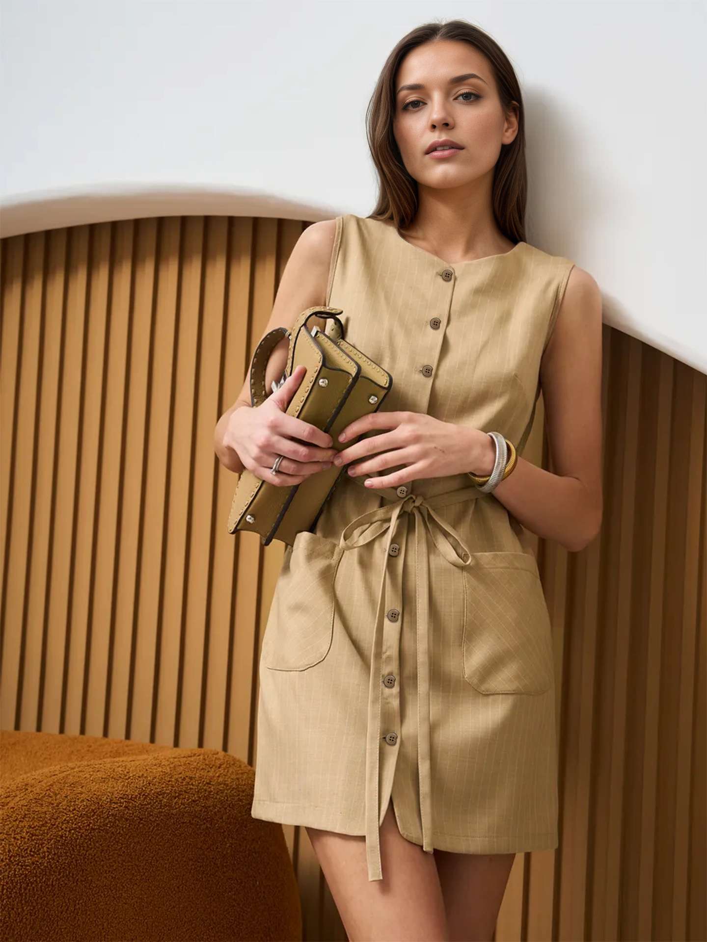 Sleeveless Button-Down Dress with Pockets - L, Beige image