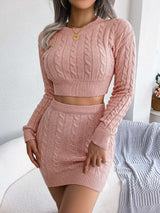 Cable knit top and skirt set - S, Pink image