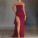 Elegant Spaghetti Strap Slit Maxi Dress - L, Wine Red image
