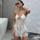 Elegant Lace Cami Dress with Ruffle Details - M, White image