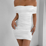 Off-Shoulder Ruched Mini Dress - S, White image