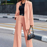 Long Sleeve Suit Top Casual Straight Pant Suit - S, Coral Almond Pink image