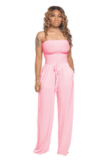 Women's Casual Off Shoulder Solid Color Strapless Belted Wide Leg Jumpsuit Romper with Pockets image 3