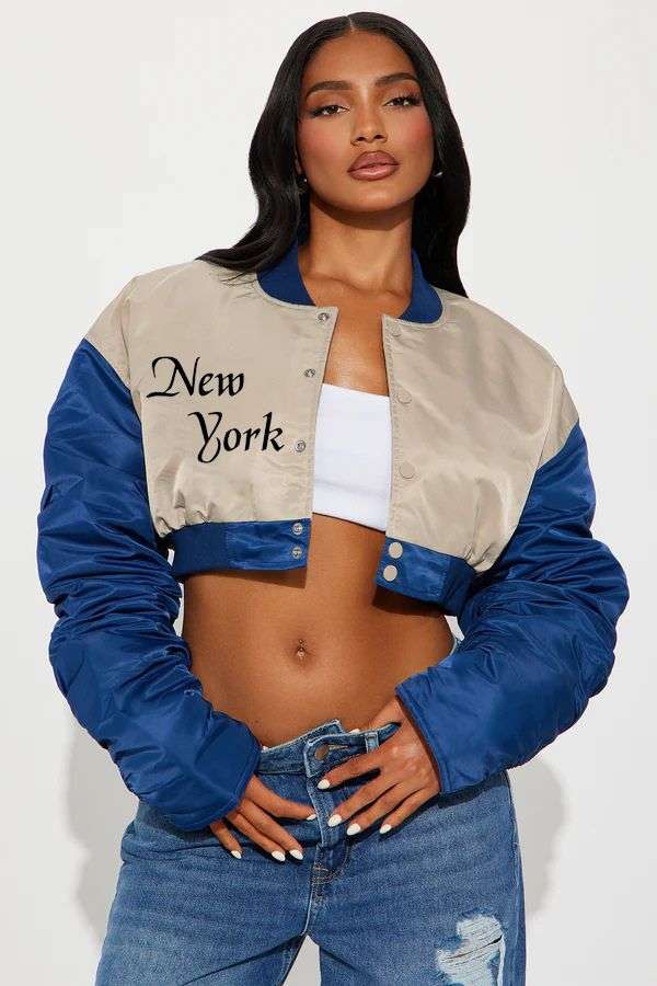 Cropped Bomber Jacket - S, Multi Blue image