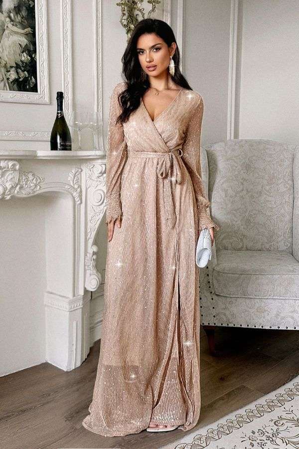 Elegant Glitter Evening Gown - S, Beige image