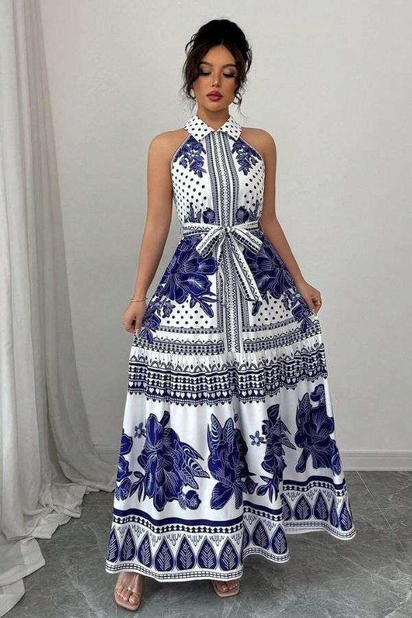 Elegant Floral Maxi Dress - L, Blue image