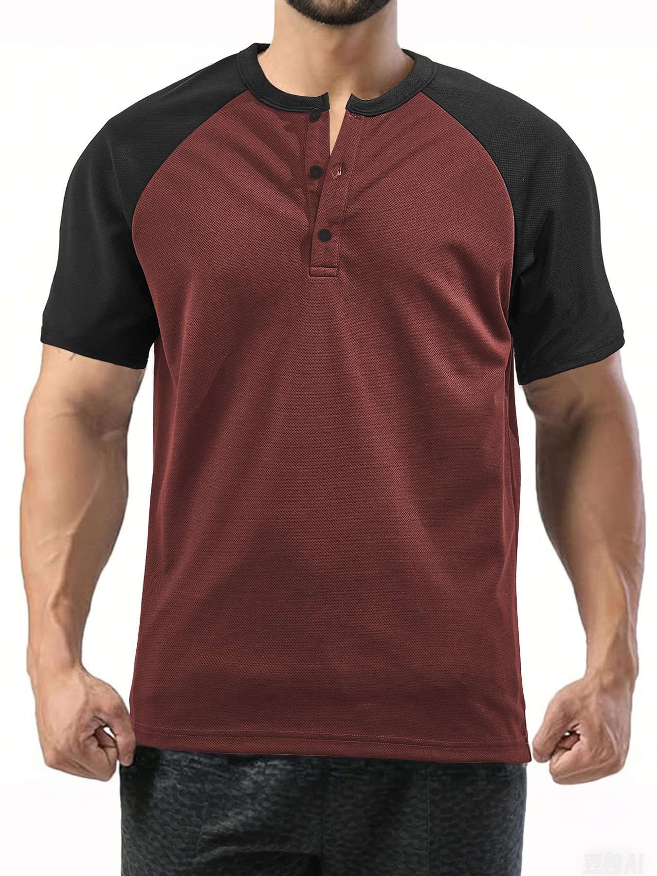 Casual Button Front Athletic T-shirt - S, Wine Red image