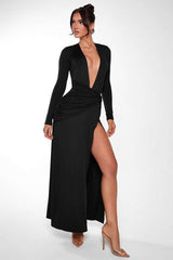 Plunge Neck Split Maxi Dress - M, Black image