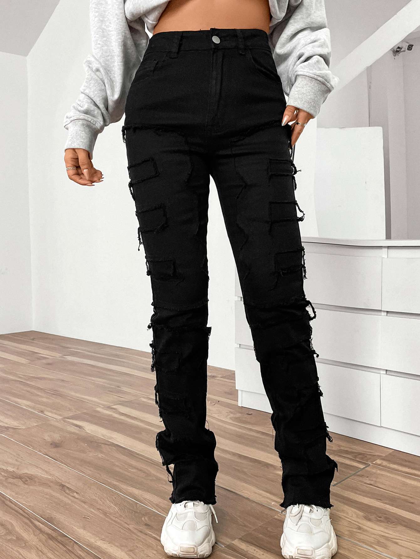 Fashionable High Waist Embroidered  Pants - M, Black image