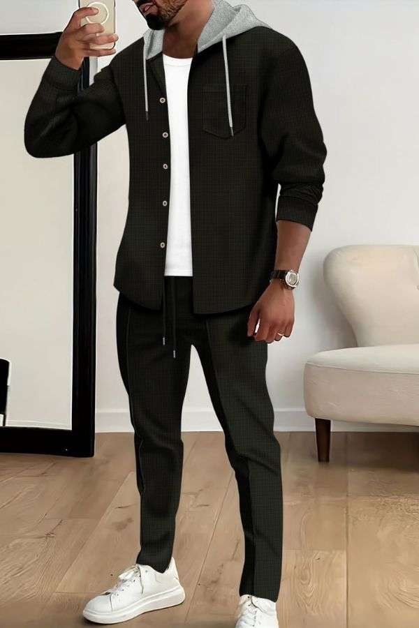 Slim Fit Waffle Hoodie & Cardigan Tracksuit - L, Black image