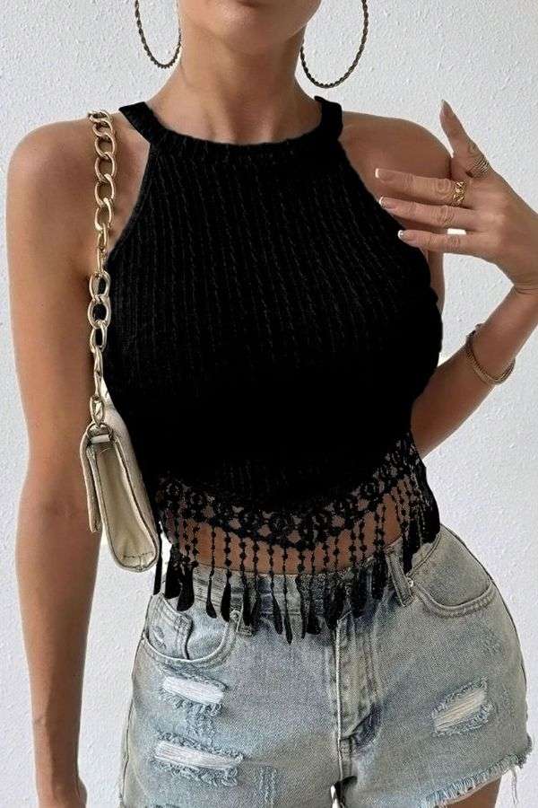 Halter Crop Top with Tassel Hem image 0