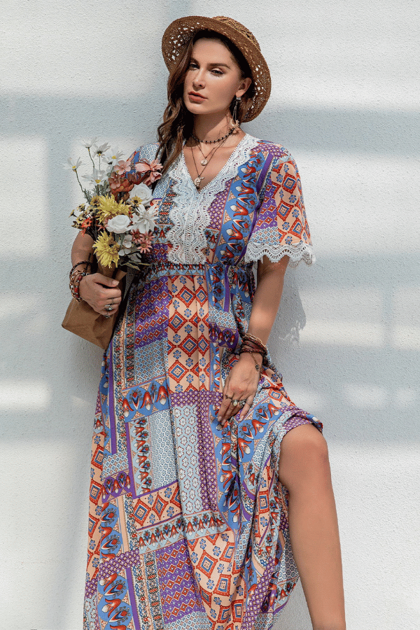 Plus Size Boho Patchwork Print lace Insert Maxi Dress image 0