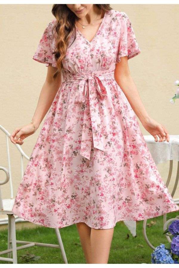 Floral V-Neck Midi Dress - M, Pink image