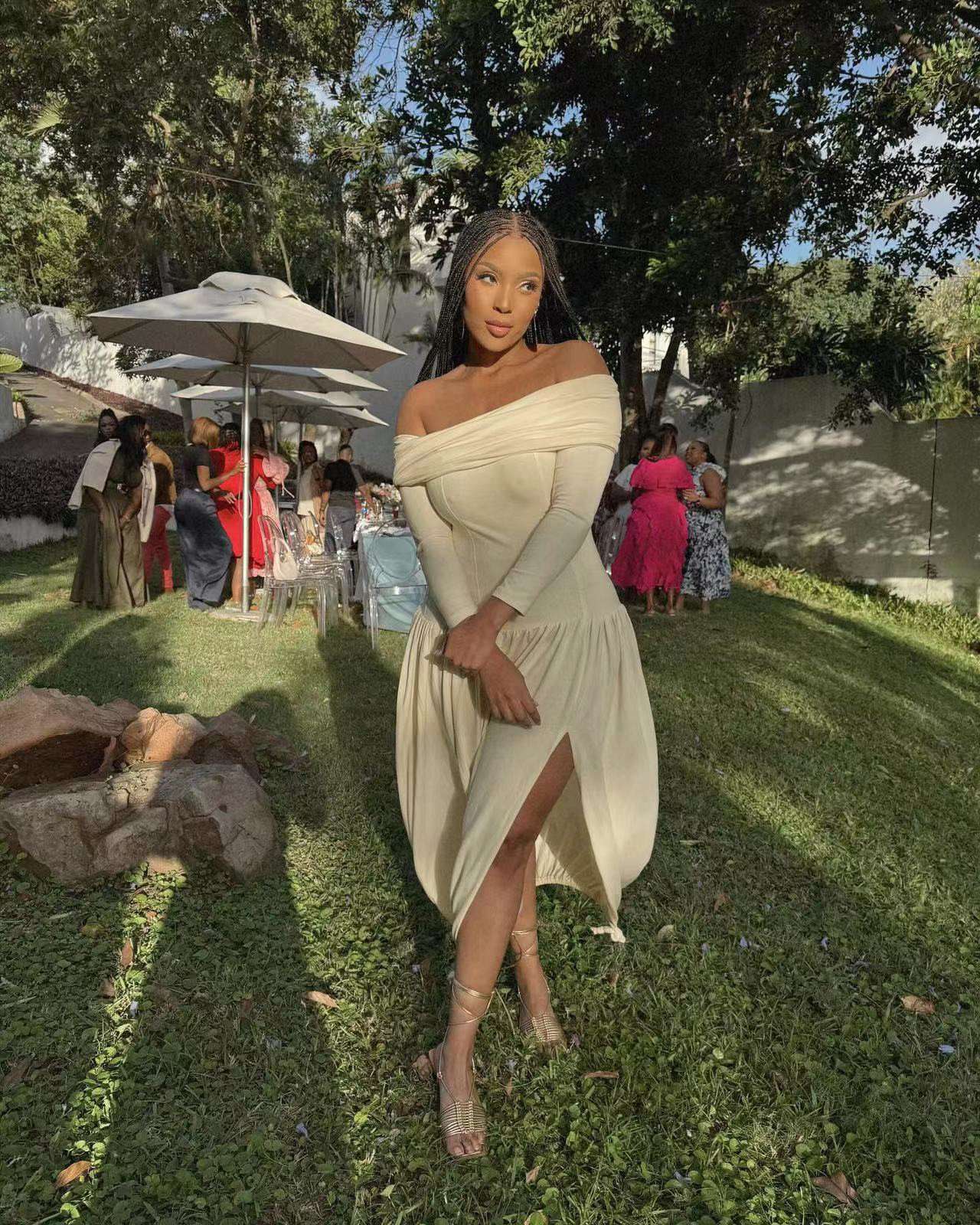 Off-Shoulder Bodycon Dress with Slit - XL, Cream Beige image