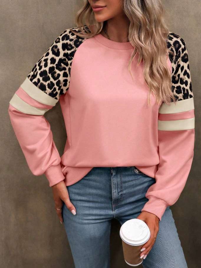 Leopard-Print Sleeve Colorblock Sweatshirt - S, Pink image