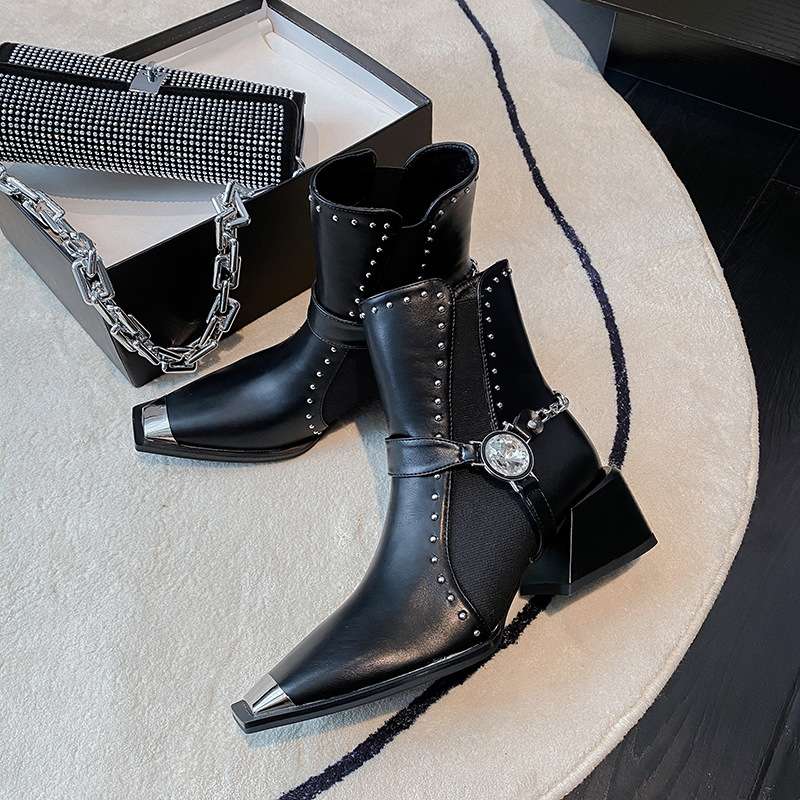 Metal Small Square Toe Chain Ankle Boots Women - 9.5, Black image