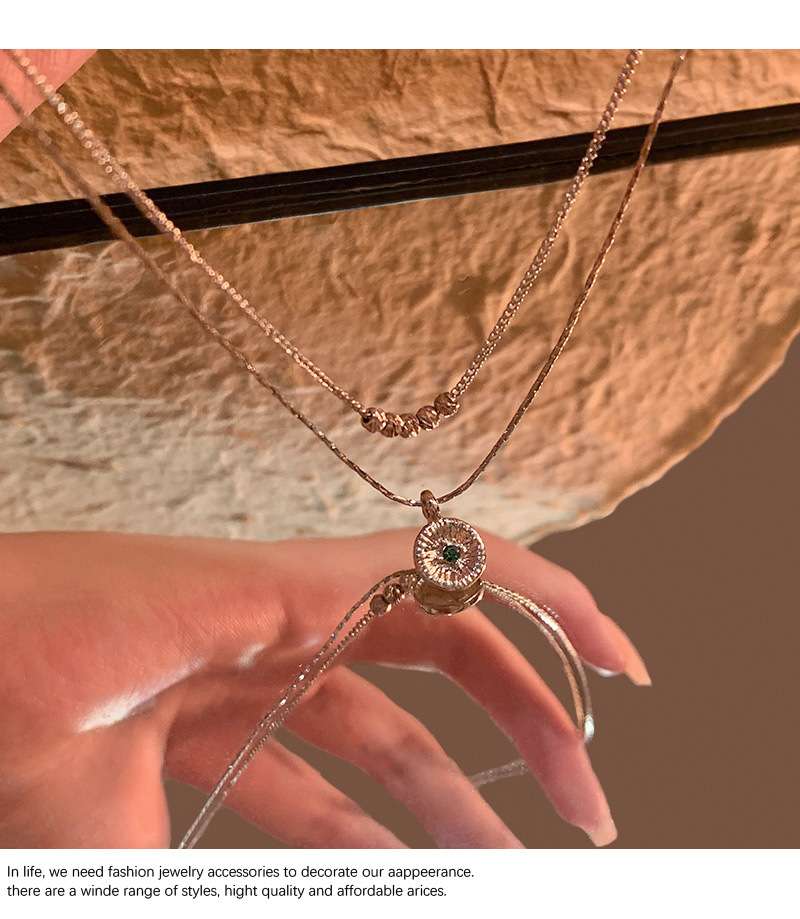 Double Layer Silver Necklace with Beaded & Pendant Design image 3