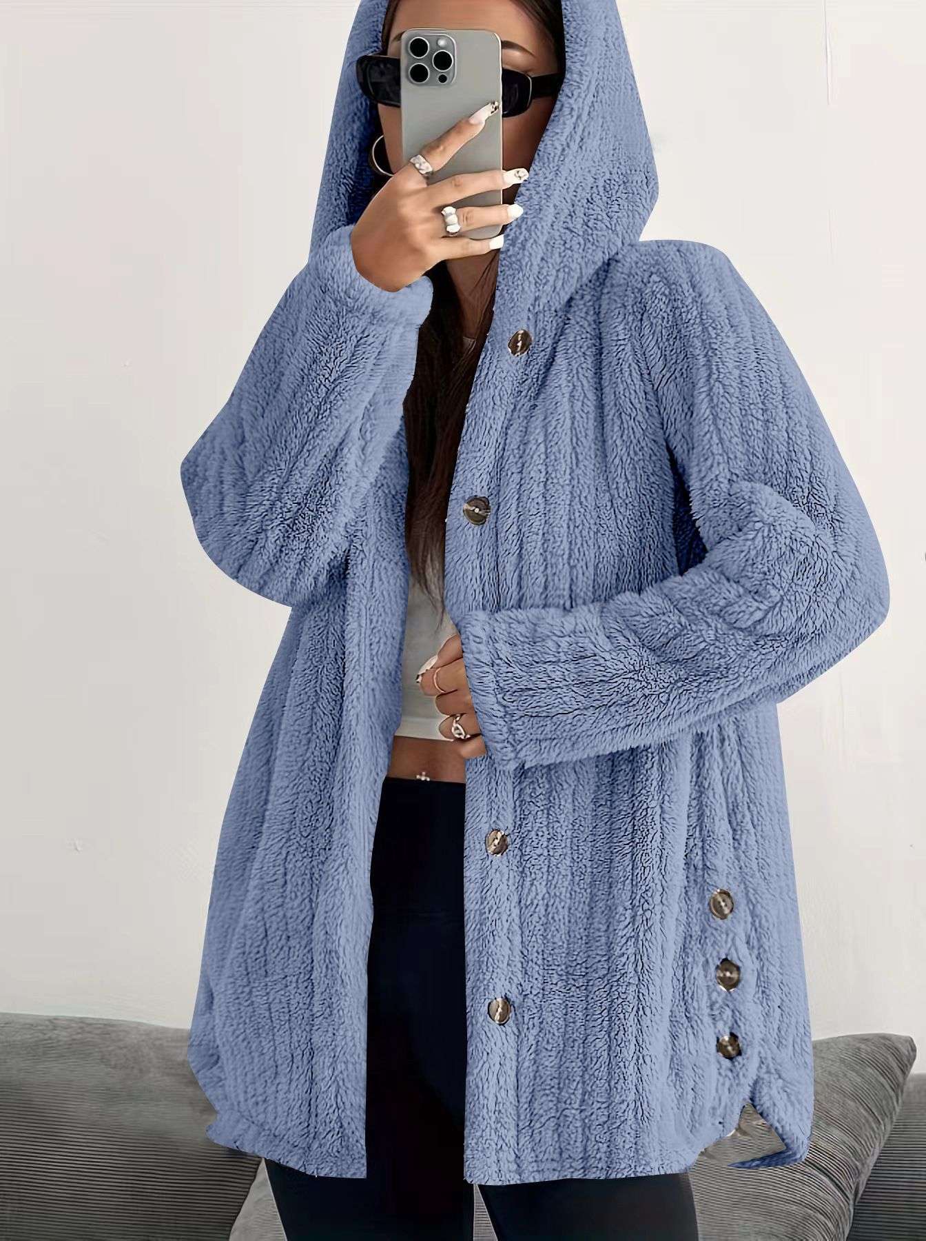 Cozy Faux Fur Hooded Coat - L, Blue image