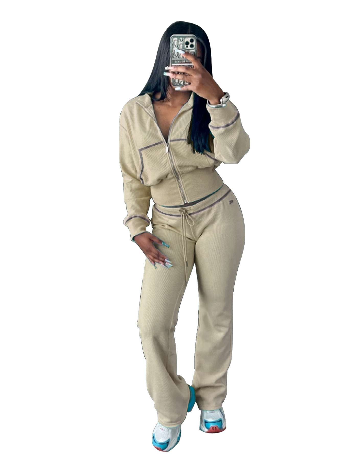 Cozy Zipper Jacket and Drawstring Pants - M, Beige image