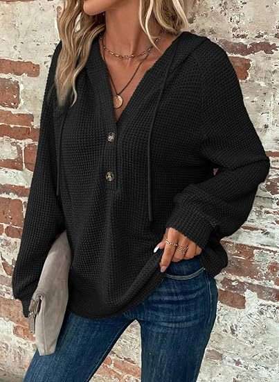 Drawstring V-neck Casual Pullover Hoodie - M, Black image