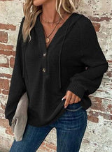 Drawstring V-neck Casual Pullover Hoodie - M, Black image