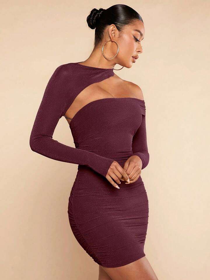 Asymmetrical Neck Ruched Dress image 1