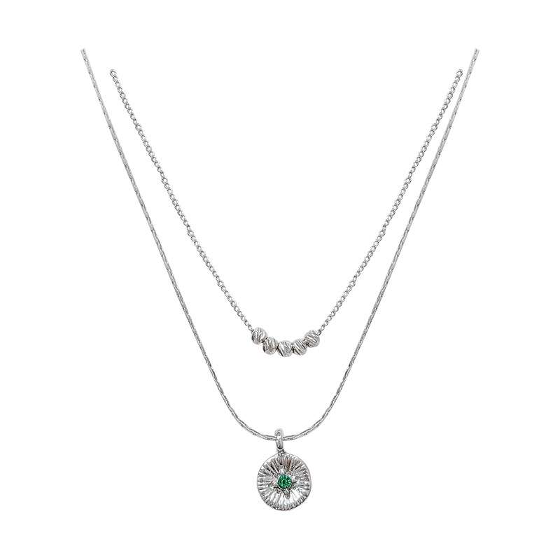 Double Layer Silver Necklace with Beaded & Pendant Design image 4