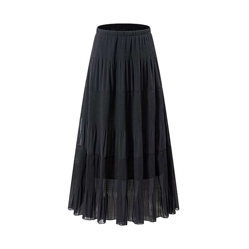 High Waist Pleated A-Line Flared Maxi Skirts - S, Black image