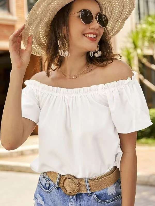 Off-Shoulder Boho Summer Top - M, White image