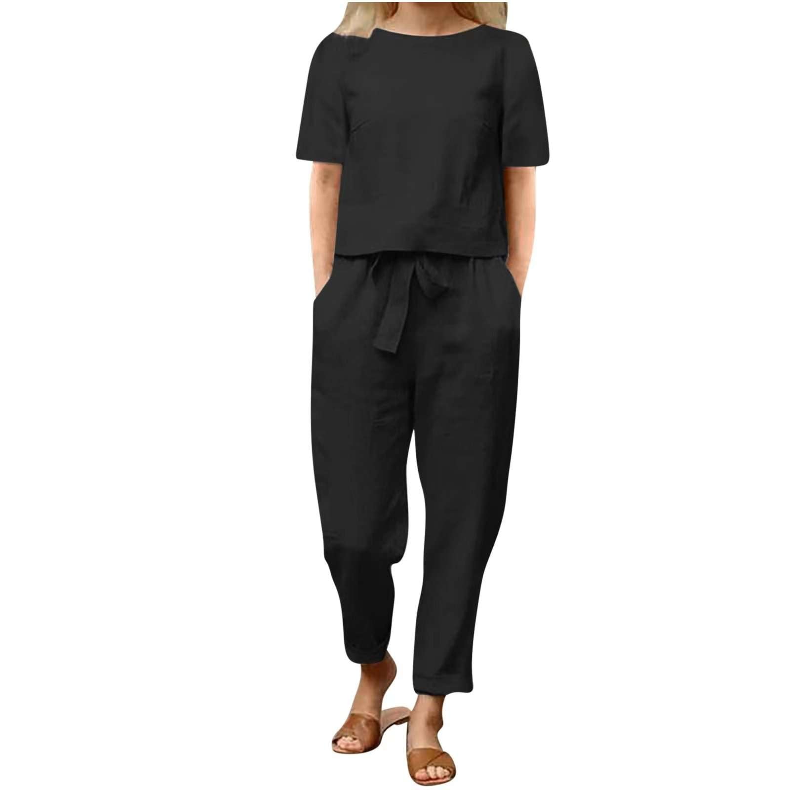 Short Sleeve Top & Drawstring Pants Set - S, Black image