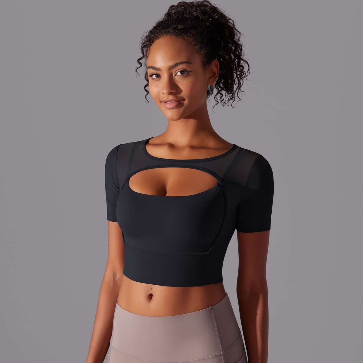 Stylish Cut-Out Sports Top - Black, L image