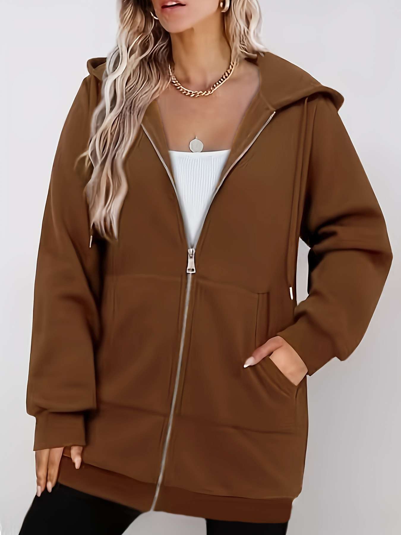 Casual Brown Hooded Zip-Up Jacket - M, Brown image