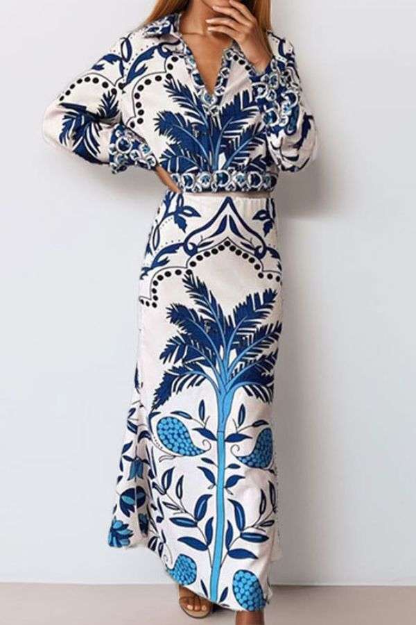 Printed Long Sleeve Blouse & Midi Skirts Set - XL, Multi Blue image