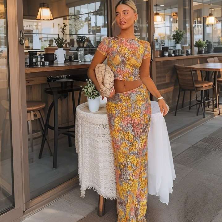 Textured Floral Mesh Two-Piece Maxi Set image 2