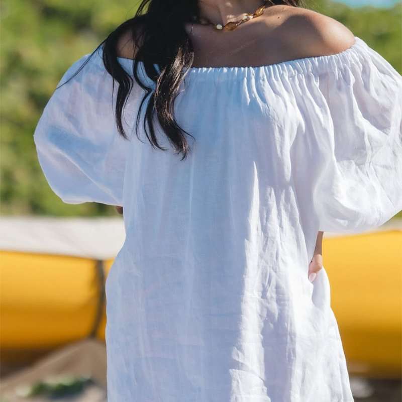 White Off-Shoulder Puff Sleeve Beach Dress image 3